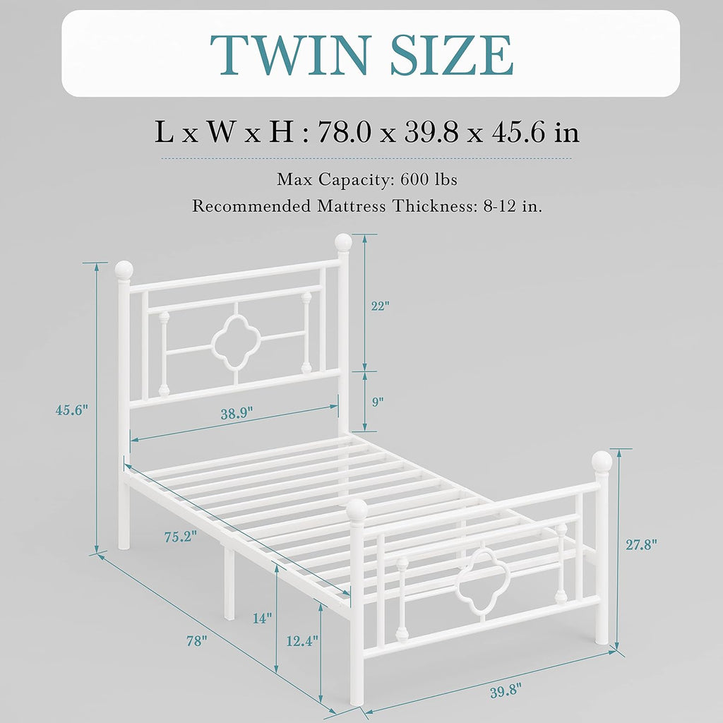 HOOMIC 14 Inch Twin Size Metal Platform Bed Frame, Vintage Victorian Style, Wrought Iron Headboard and Footboard/Mattress Foundation for Storage/No Box Spring Required/Easy Assembly/White