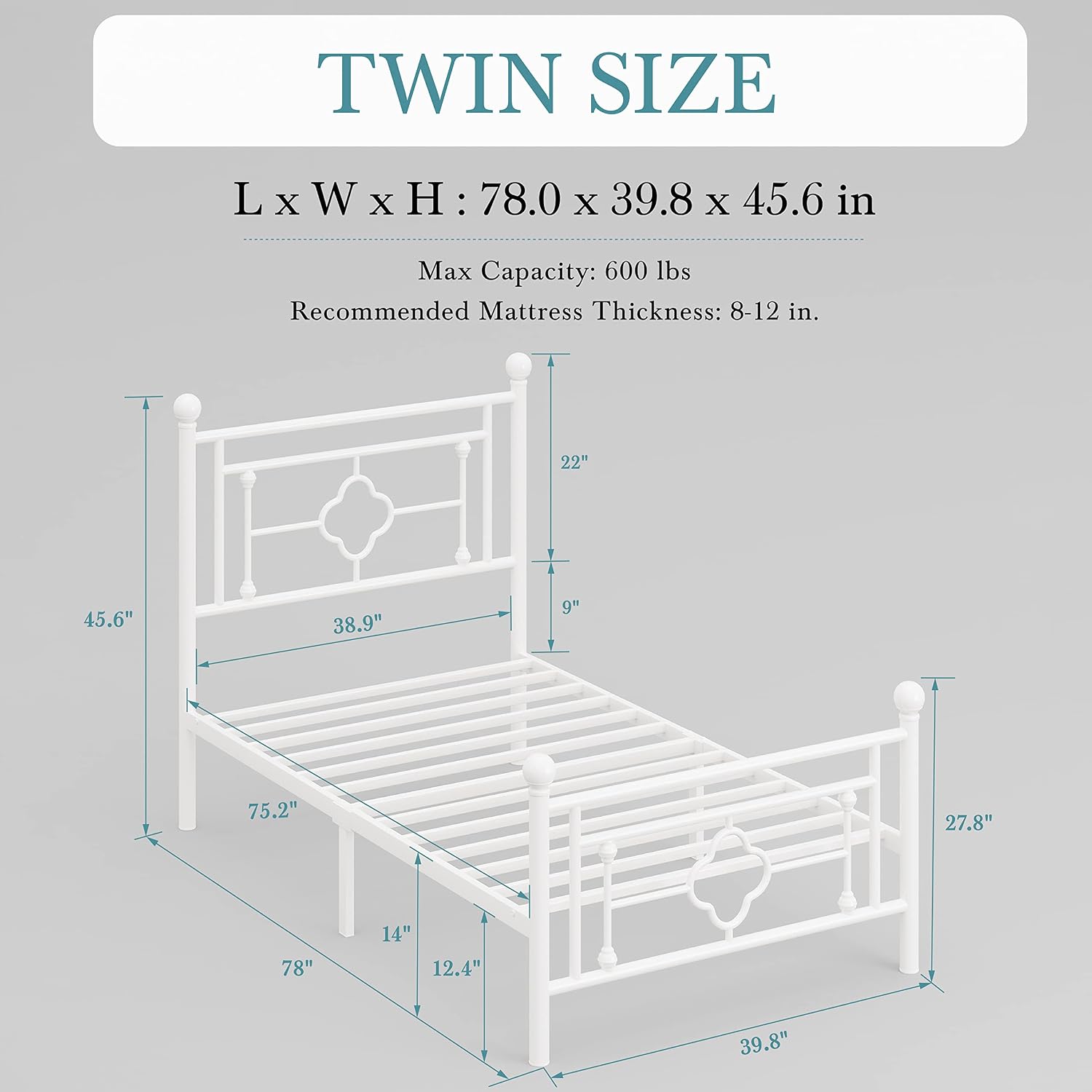 HOOMIC 14 Inch Twin Size Metal Platform Bed Frame, Vintage Victorian Style, Wrought Iron Headboard and Footboard/Mattress Foundation for Storage/No Box Spring Required/Easy Assembly/White