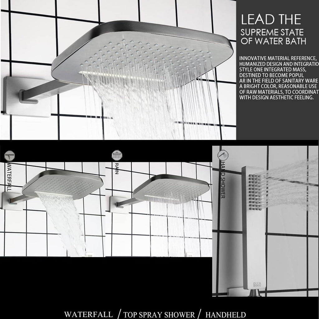 cUPC Certificatin Thermostatic Waterfall Rain Shower System With Headheld Spray Brass Wall Mounted Rainfall Shower Head (Can Use All Options at A Time)