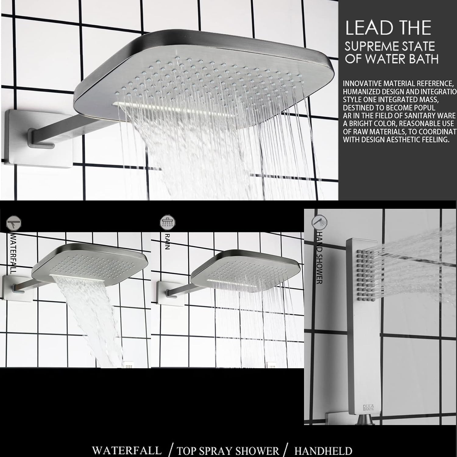 cUPC Certificatin Thermostatic Waterfall Rain Shower System With Headheld Spray Brass Wall Mounted Rainfall Shower Head (Can Use All Options at A Time)