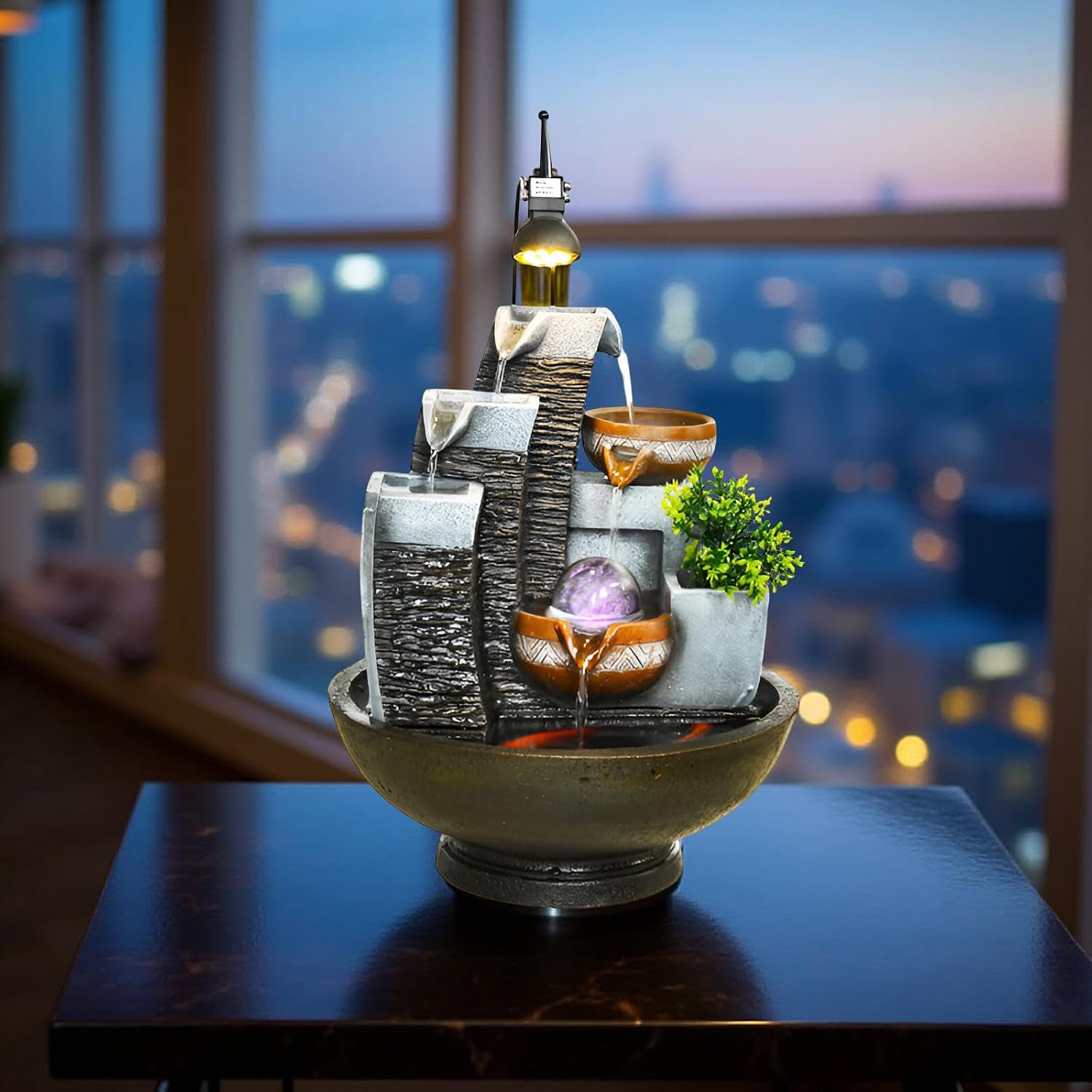 16.93' Indoor Tabletop Fountain with LED Fish Tank, Lighted Crystal Ball & Free 10 Natural Crystals – Water Feature for Home, Office, Entryway & Housewarming Gift (Style 2 + Spotlight)