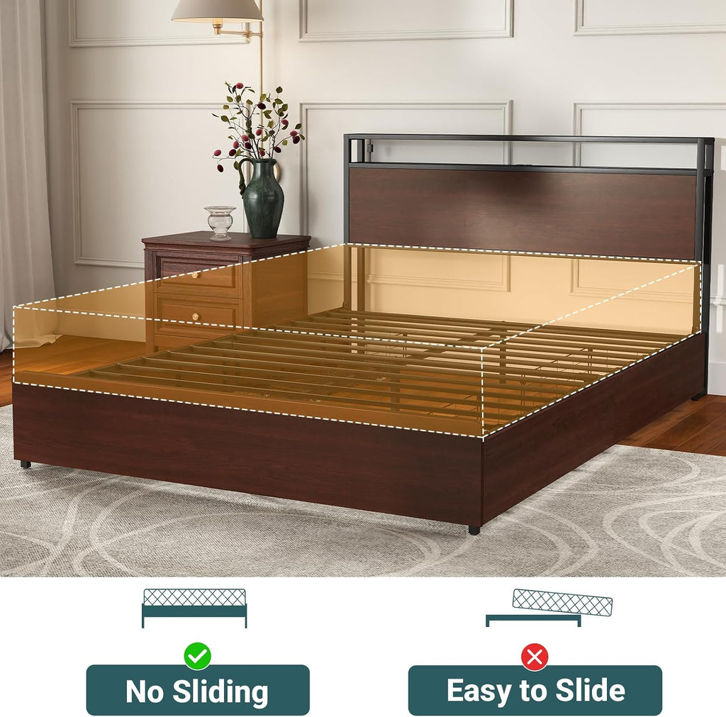 Zevemomo Queen Bed Frame with 4 Storage Drawers, Queen Size Platform Bed Frame with Headboard, Built-in Charging Station & LED Lights, No Box Spring Needed