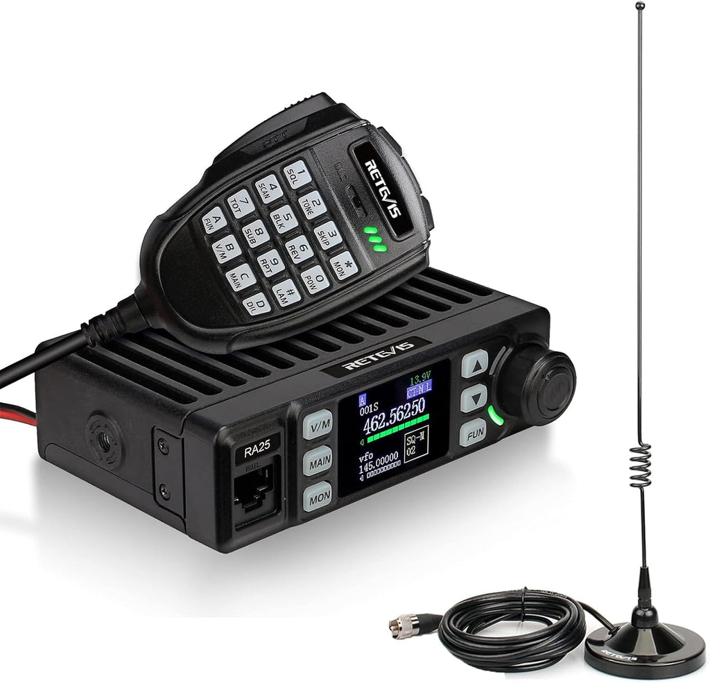 Retevis RA25 Dual Band Mobile Radio, Mini Mobile Transceiver with MR100 High Gain Antenna, 500 Channels, FM Radio, Emergency Alarm, VOX, Long Range Mobile Two Way Radio for Traveling Farm