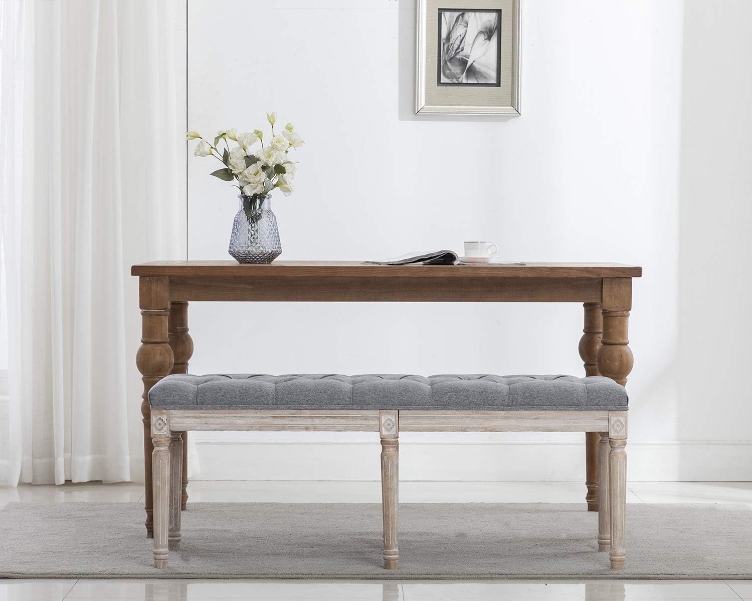Kmax 45' Upholstered Dining Room Bench, Rustic Living Room Ottoman Bench with Carved Pattern & Rustic White Brushed Rubber Wood Legs, Gray