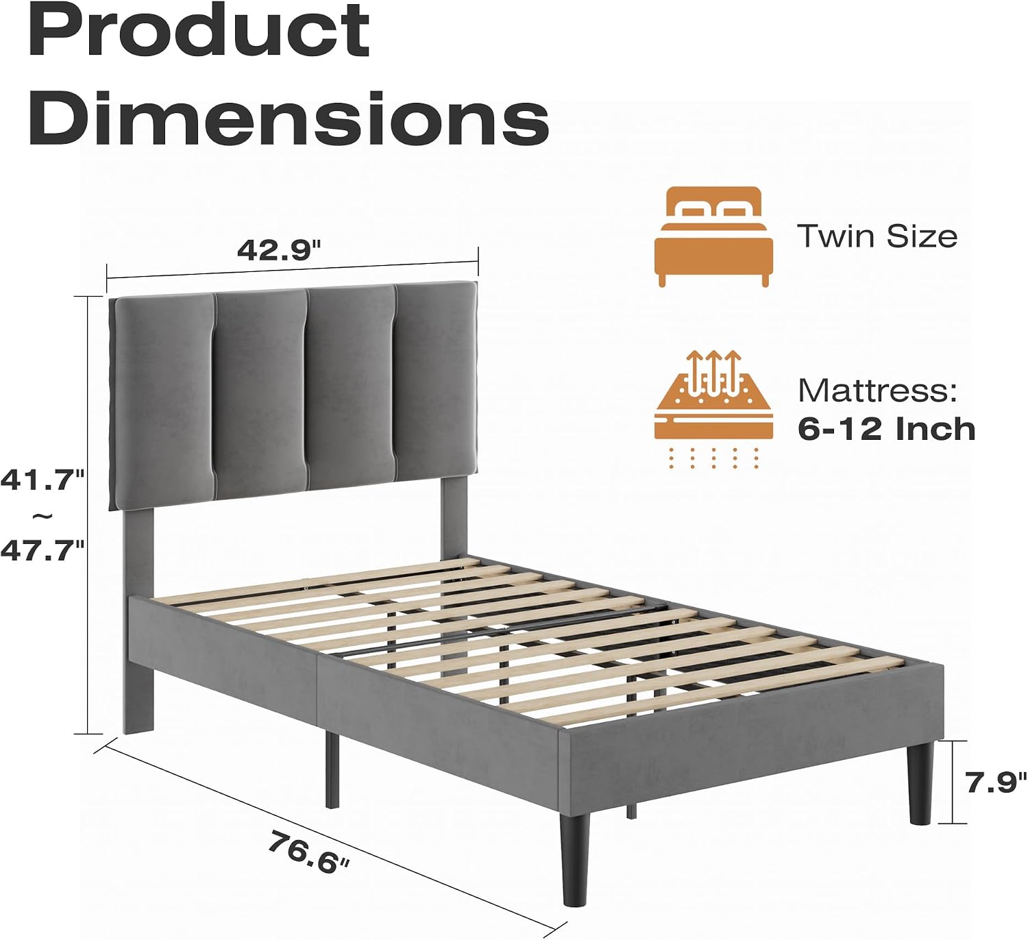 VECELO Twin Size Bed Frame with Upholstered Headboard, Heavy-Duty Bedframe with Wooden Slats & Steel Framework, Easy Assembly, Dark Grey