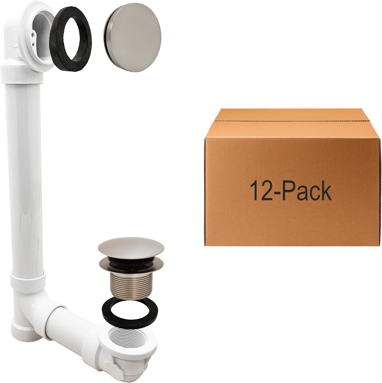 Westbrass 493244H-07 14' Sch. 40 PVC Bath Waste & Overflow Assembly with Illusionary Faceplate and Tip-Toe Drain Plug, Satin Nickel (12-Pack)