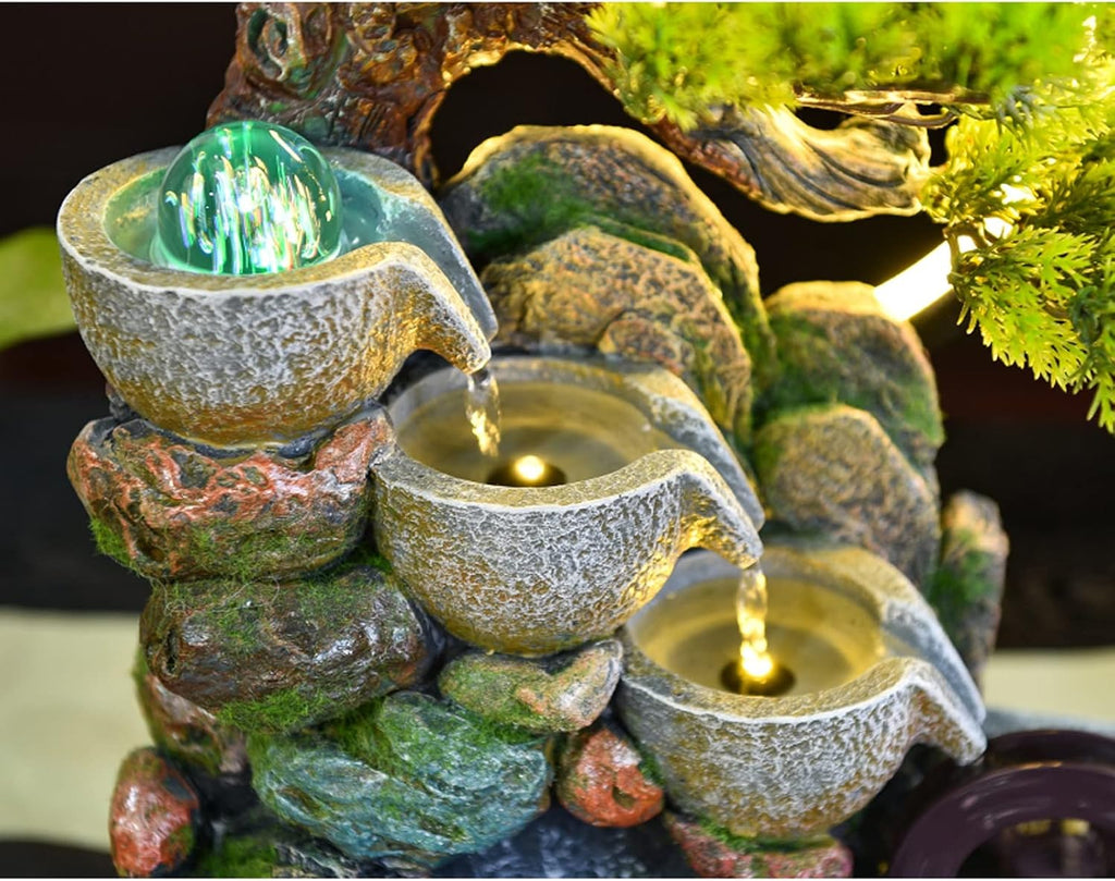 Tabletop Fountain Indoor Desktop Fountain Waterfall Zen Meditation Feature with Automatic Pump Artificial Trees and Illuminated for Home Office Bedroom Desk Décoration(Medium)