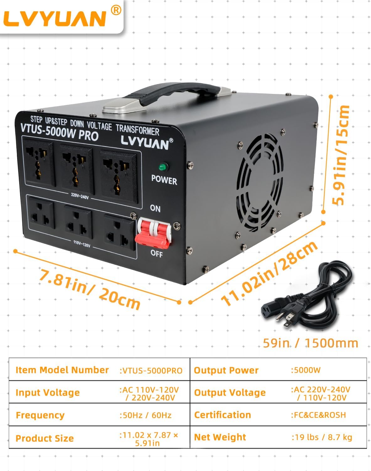 LVYUAN 5000 Watt Voltage Converter Transformer Heavy Duty Step Up Step Down AC 110V/120V/220V/240V Converter with Hard-Wiring