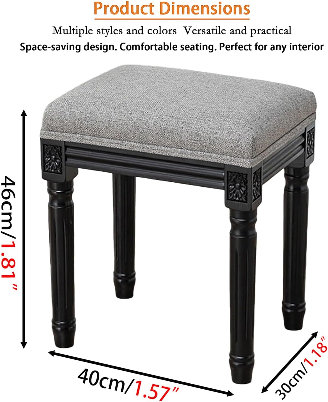 Upholstered Vanity Stool with Carved Dressing Makeup Bench with Solid Wood Legs Multi-Functional and Comfy Retro Bench Piano Seat for Bedroom, Bathroom, Vanity Table,White