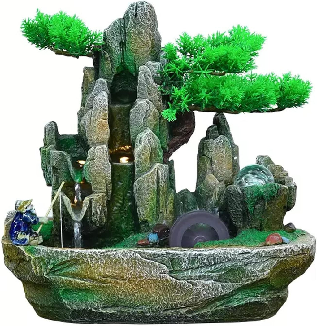 Desktop Fountain Indoor Fountain Tabletop Natural Waterfall Fake Tree Creative Simulation Resin Rockery for Office Home Desk Decoration(Small)