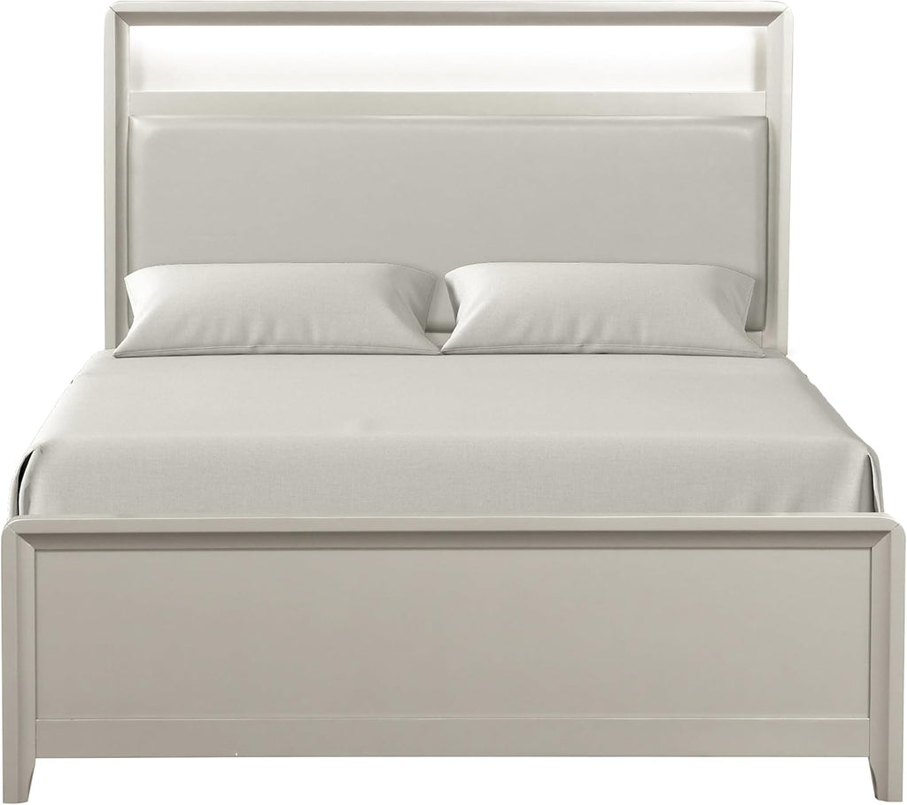 Furniture of America Standin Modern Solid Wood 5-Piece Bedroom Set with LED on Bookcase Headboard, USB-A and USB-C on Both Sides, Brushed Nickel Finish, Box Spring Needed, Twin, Champagne
