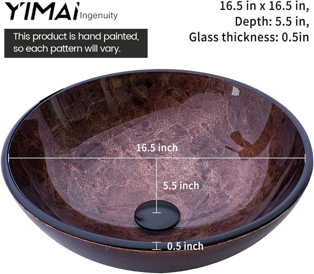 Bathroom Vessel Sink 16.5' Vessel Sinks Tempered Glass Brown Art Basin Round Bowl with Faucet Combo Brown,Countertop Bowl Sink for Lavatory Vanity Cabinet