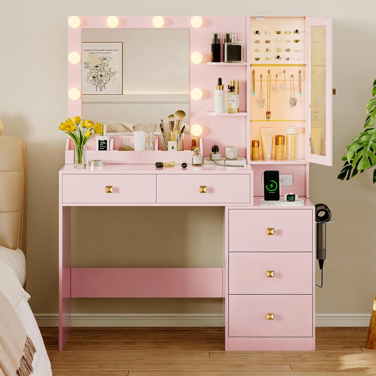 Xixini Vanity Desk with Mirror and Lights, Makeup Vanity Table Set with 5 Storage Drawers, Power Outlet, Small Dressing Table with RGB Ambient Light, Adjustable Brightness for Girls Bedroom, Pink