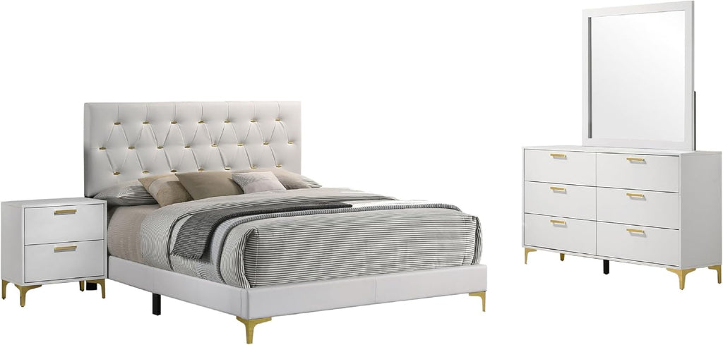 Benzara Dle 4 Piece Queen Bedroom Set, White Faux Leather, Modern Gold Accents