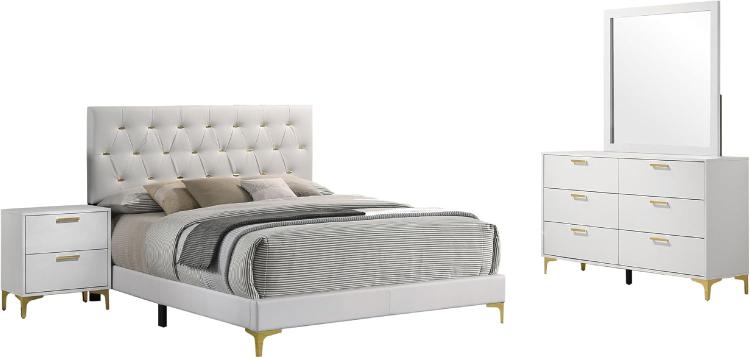 Benzara Dle 4 Piece Queen Bedroom Set, White Faux Leather, Modern Gold Accents