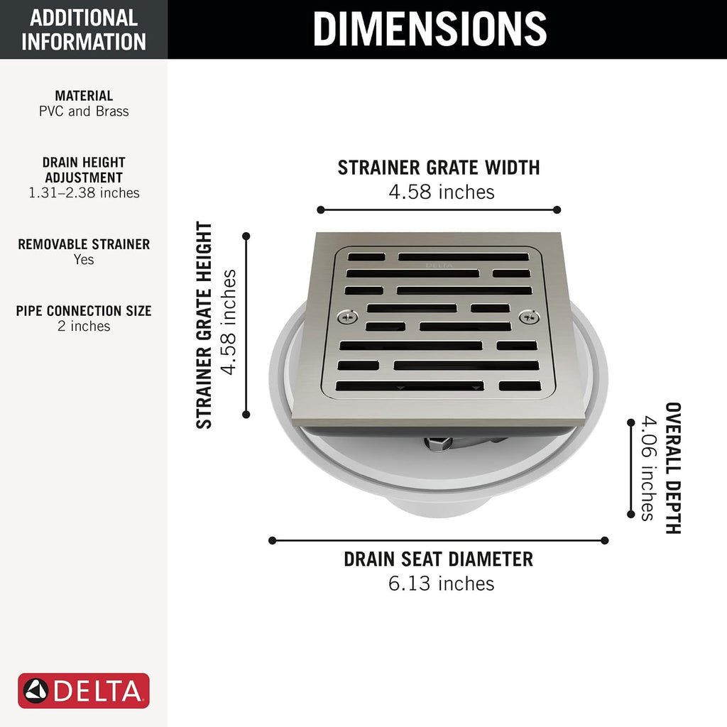 Delta Faucet 4 Inch Tile-In Square Shower Floor Drain Brushed Nickel, Shower Drain Kit, Square Shower Drain, Chrome Shower Drain, Shower Floor Drain, Stainless DT062412-SS
