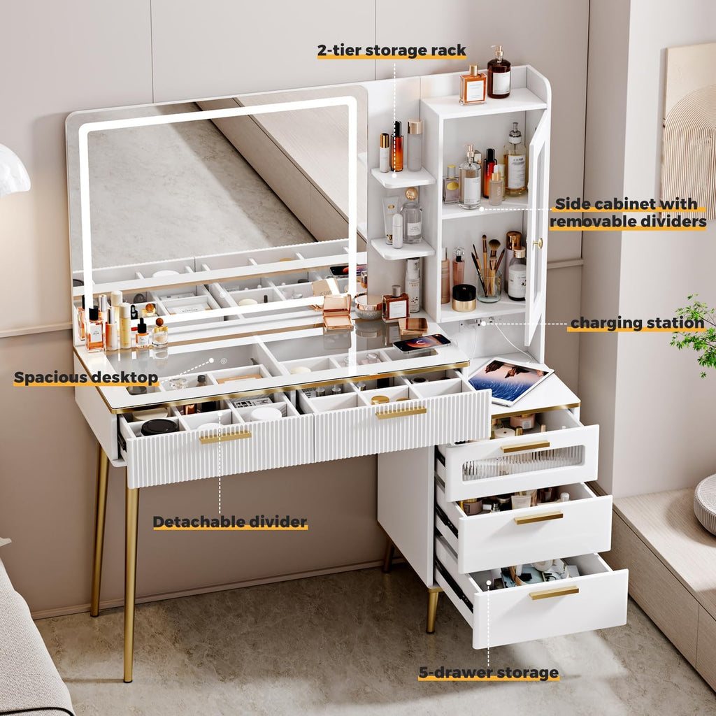 Arulvmrn Vanity Desk with 29.53' HD Lighted Mirror, 47.24' Big Modern Vanity Desk with Mirror and Lights, Makeup Vanity with 5 Drawers and Storage Shelves and Charging Station, White