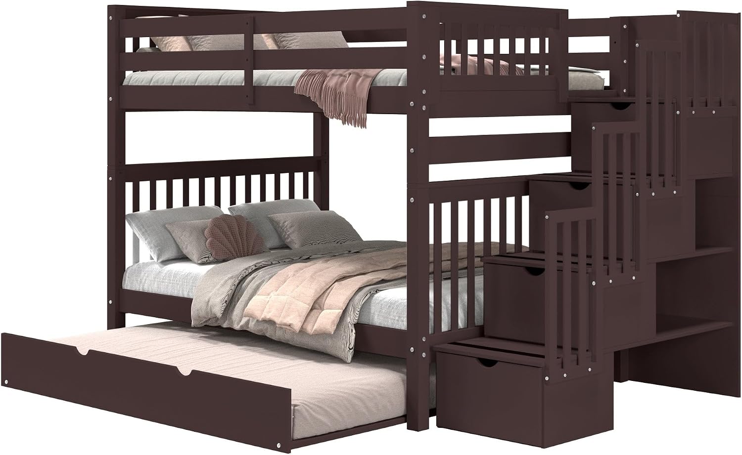 Bedz King Stairway Bunk Beds Full Over Full with 4 Drawers in the Steps and a Full Trundle, Dark Cherry