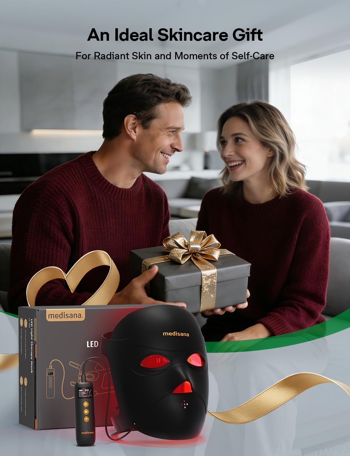 Medisana 3D Red Light Therapy Mask for Face, 336 LEDs Light Therapy Mask with 3 Modes - NIR 830nm, Red 630nm, Blue 415nm - Cordless & Rechargeable LED Face Mask for Home, Skincare Gifts (Black)