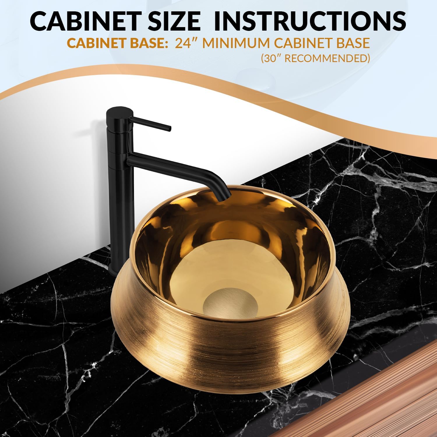 Strictly Sinks 14 Inch Bathroom Vessel Sink – Glossy Gold Ceramic Countertop Bathroom Sink – Easy to Install Above Counter Luxurious Vessel Sink for Bathroom (14″ W x 14″ L x 5-1/2″ H)
