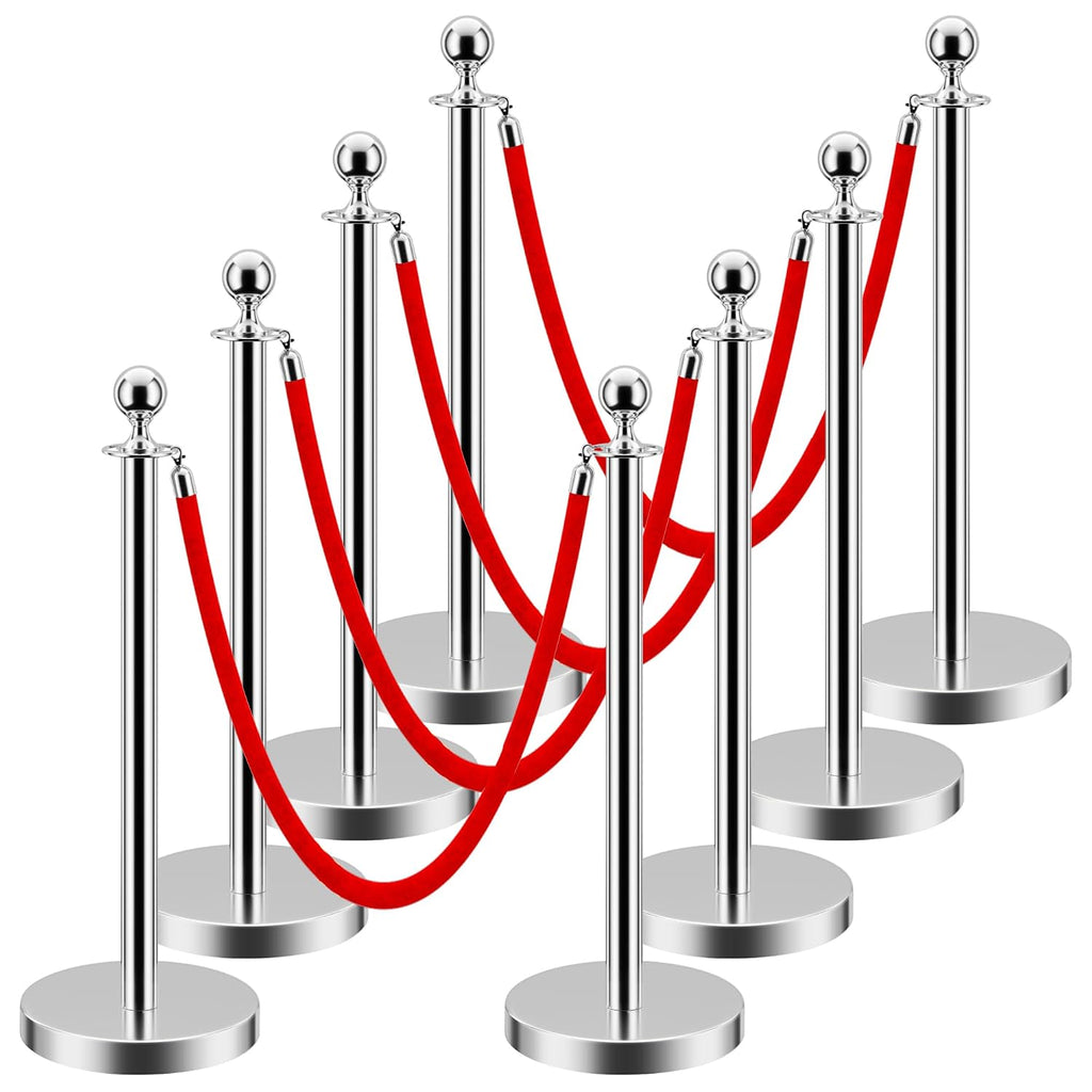 LOVMOR Crowd Control Stanchion, Set with 5 ft/1.5 m Red Velvet Rope, Set of 8 Pieces, Stanchion Rope Divider, Silver Gold Queue Barrier Line Divider with Fillable Plastic Base, Airport