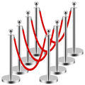 LOVMOR Crowd Control Stanchion, Set with 5 ft/1.5 m Red Velvet Rope, Set of 8 Pieces, Stanchion Rope Divider, Silver Gold Queue Barrier Line Divider with Fillable Plastic Base, Airport