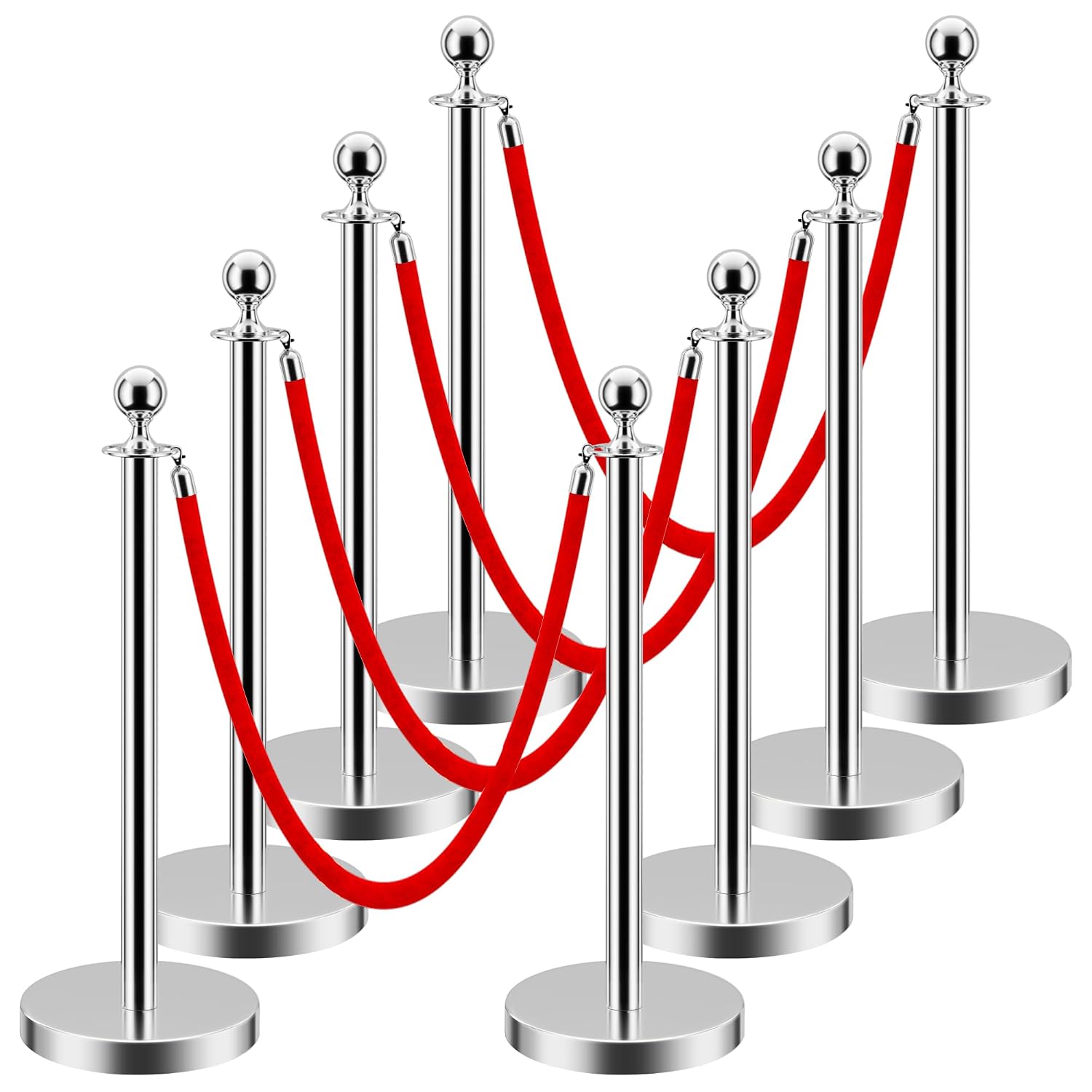 LOVMOR Crowd Control Stanchion, Set with 5 ft/1.5 m Red Velvet Rope, Set of 8 Pieces, Stanchion Rope Divider, Silver Gold Queue Barrier Line Divider with Fillable Plastic Base, Airport
