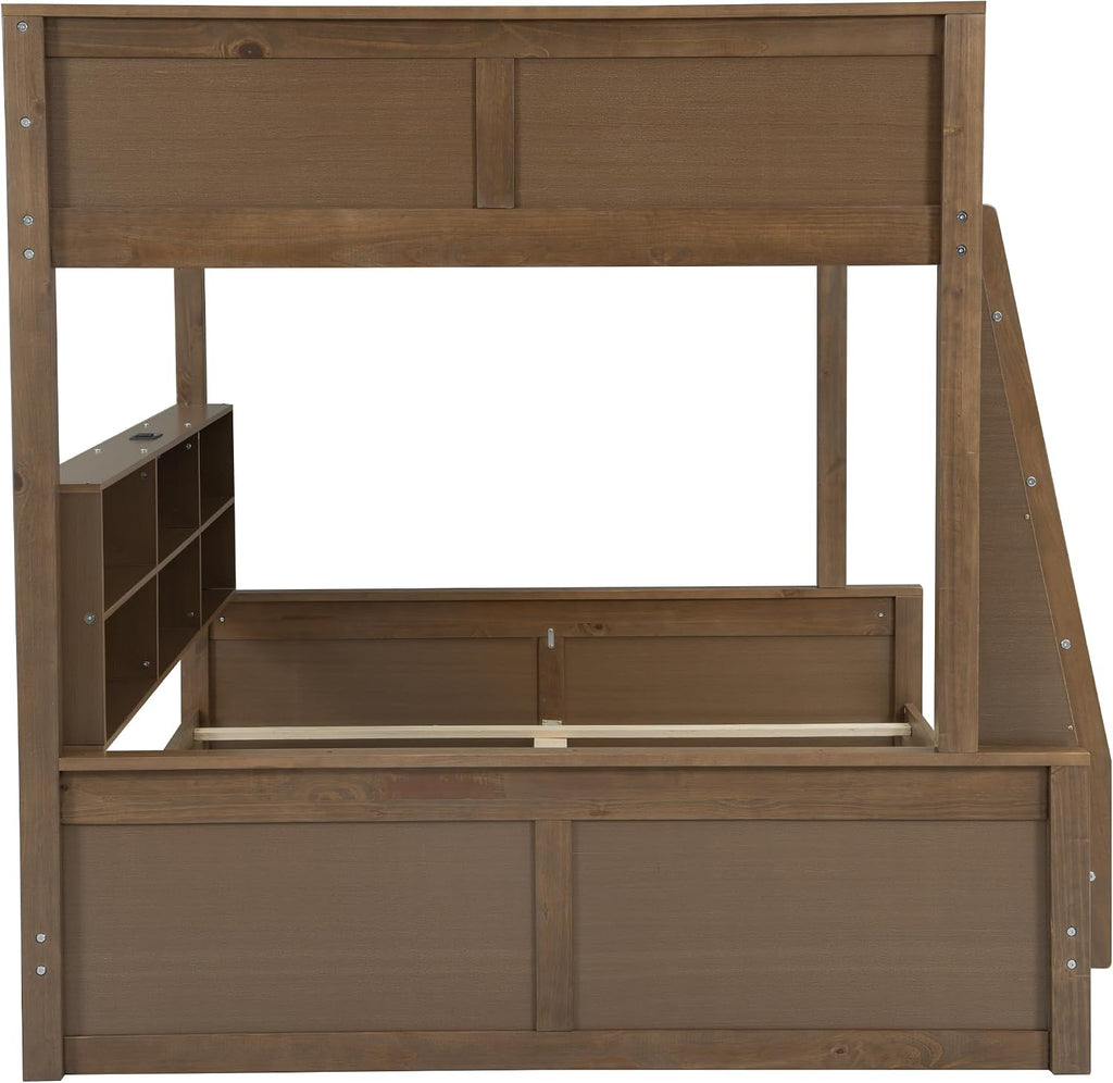 Full XL Over Queen Bunk Bed with Storage Cabinets and USB Ports, Solid Pine Wood Frame, Safety Guard Rails, No Box Spring Needed (Wood2, Full XL Over Queen)