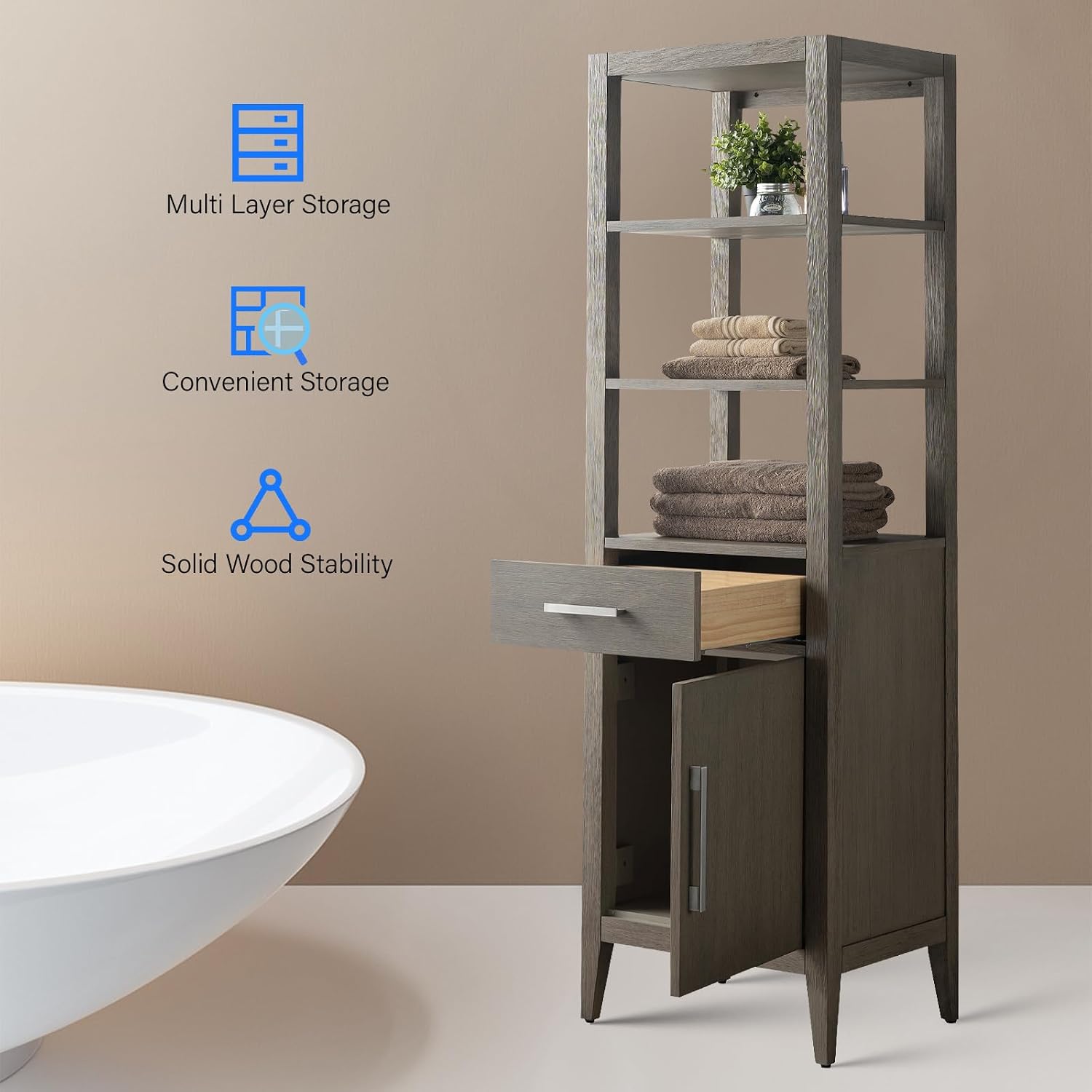 Vanity Art 21' Bathroom Vanity with Storage Cabinet & Shelves, Storage Cabinet with Soft-Closing Doors, VA90-LC-DG-BN1