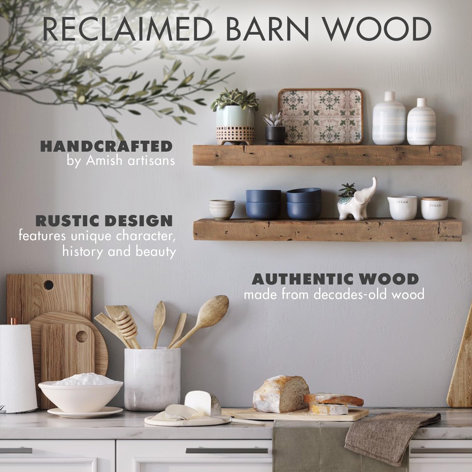 Urban Legacy Reclaimed Barnwood Planks | Floating Shelves for Wall w/Flush Mount Shelf Bracket Set Included | Set of 2 (Natural, 18' x 7' x 2')