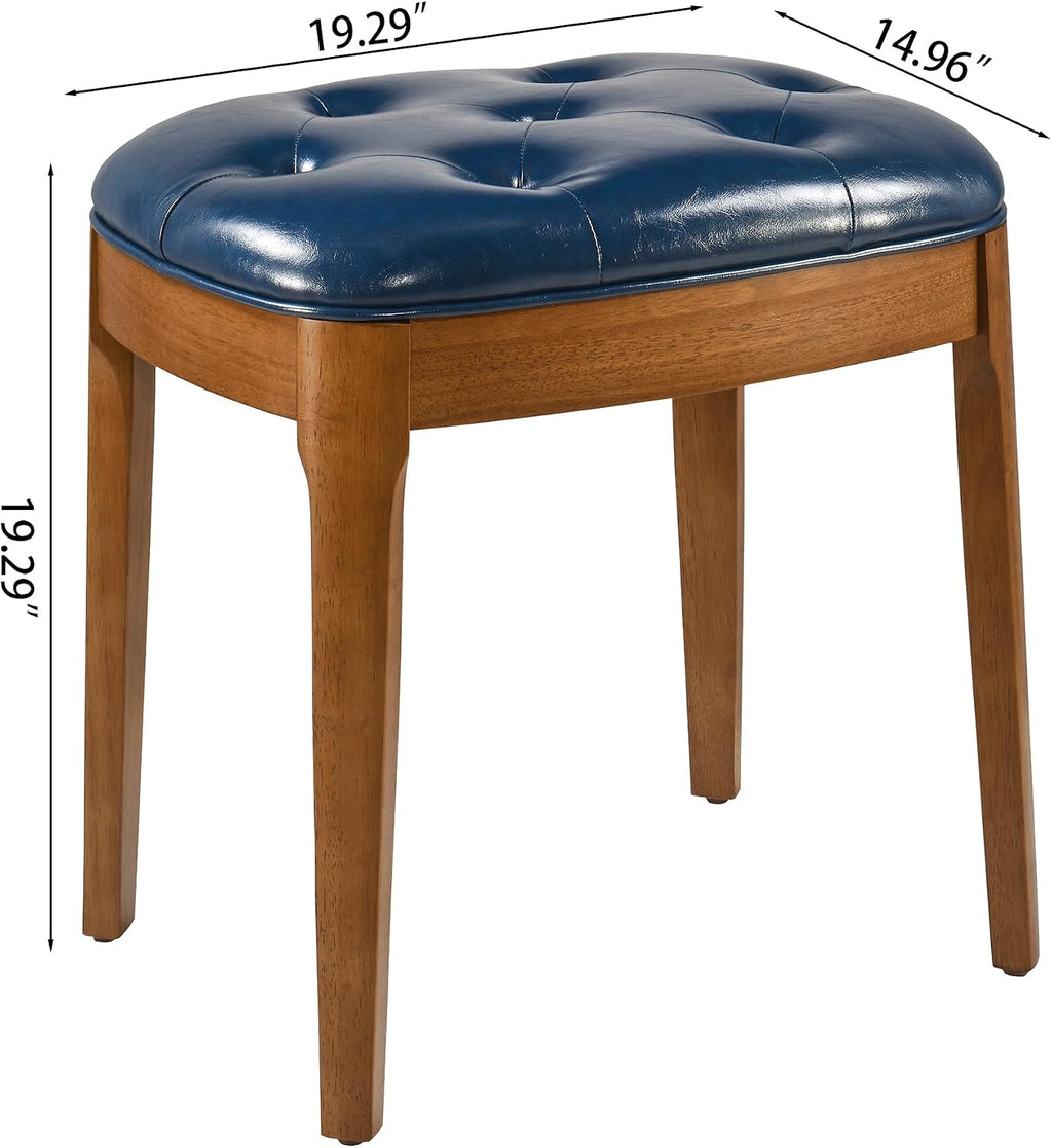 Vanity Stool with Padded Cushion, Vanity Bench with Wood Legs, Piano Bench Seat with with Solid Wood Legs, Backless Vanity Stool for Makeup Room, Bedroom, Dining Room and Study Room, Blue