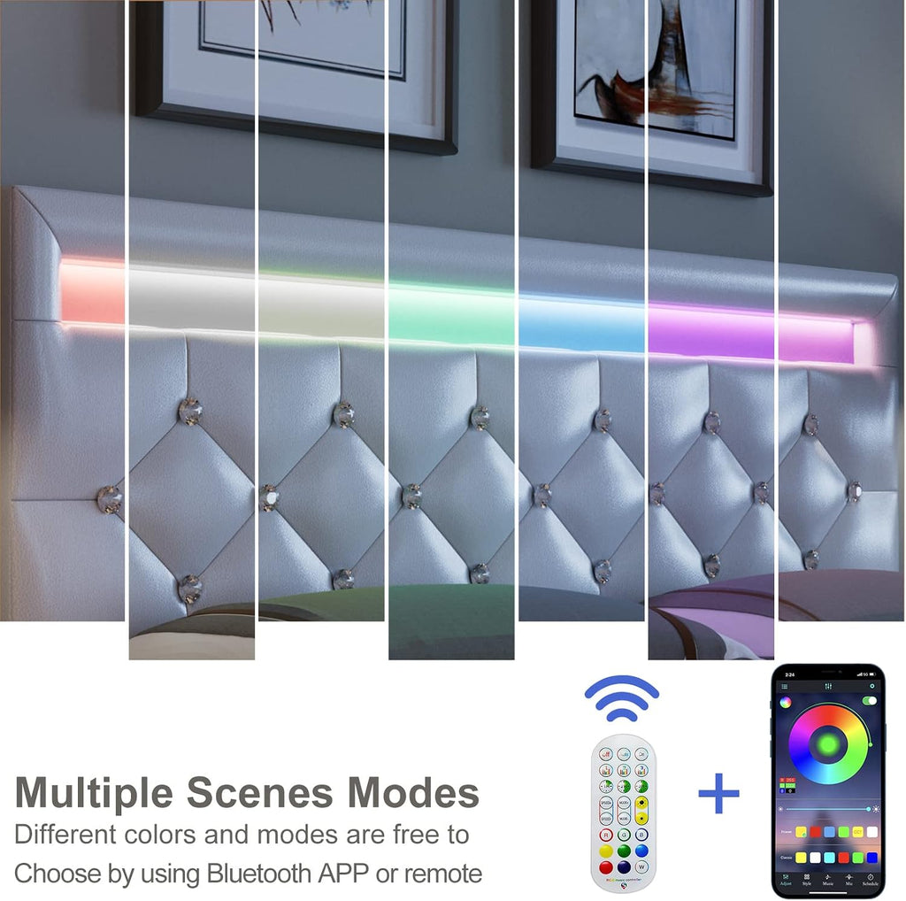 Keyluv Modern Upholstered Queen Bed Frame with LED Lights, Faux Leather Low Profile Platform Bed Frame, Adjustable Crystal Button Tufted Headboard, Strong Wood Slat Support, Easy Assembly, White