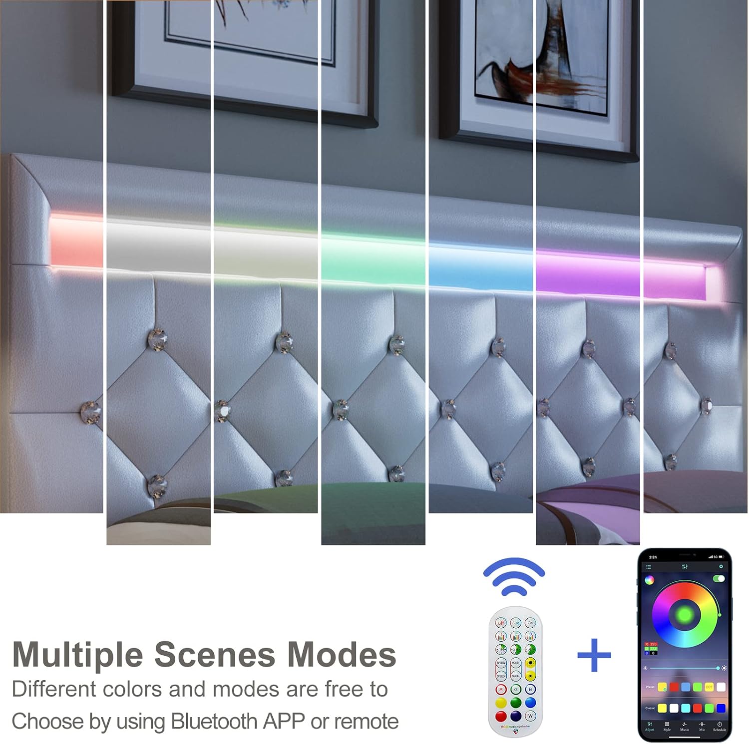 Keyluv Modern Upholstered Queen Bed Frame with LED Lights, Faux Leather Low Profile Platform Bed Frame, Adjustable Crystal Button Tufted Headboard, Strong Wood Slat Support, Easy Assembly, White