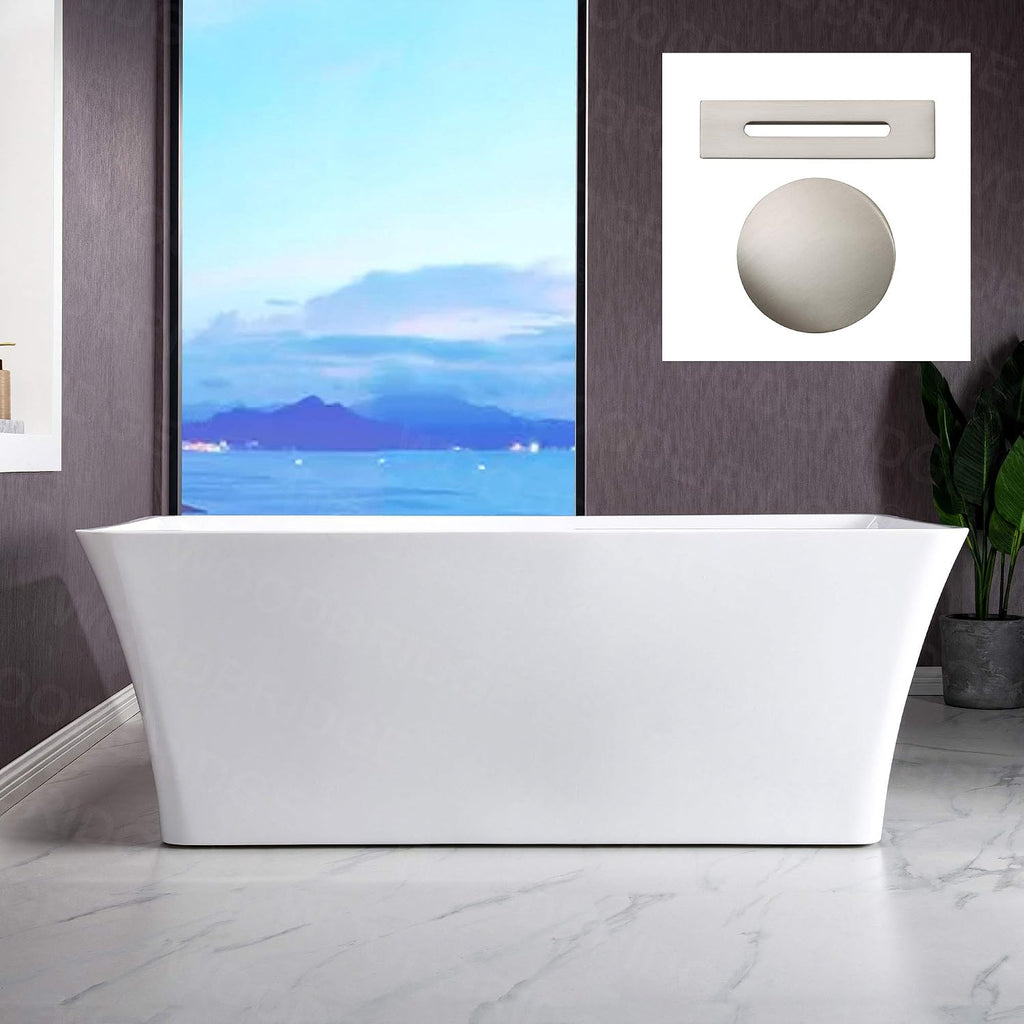 WOODBRIDGE 67' Acrylic Freestanding Bathtub Contemporary Soaking White Tub with Brushed Nickel Overflow and Drain，BTS1609-B/N-Drain&O