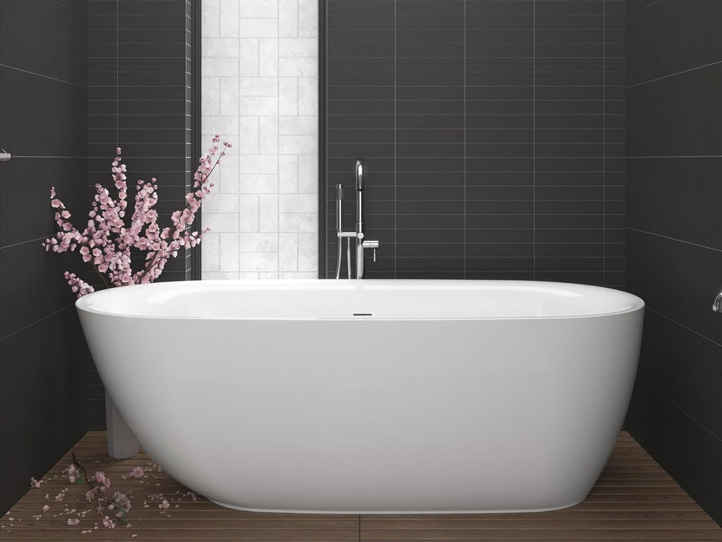 ANZZI Freestanding Bathtub 67 in Acrylic Glossy White Flat Bottom Soaking Tub, Ami Series One-Piece, Center Drain, Polished Chrome Overflow, Slip-Resistant Floor, Leveling Adjustable Feet | FT-AZ401
