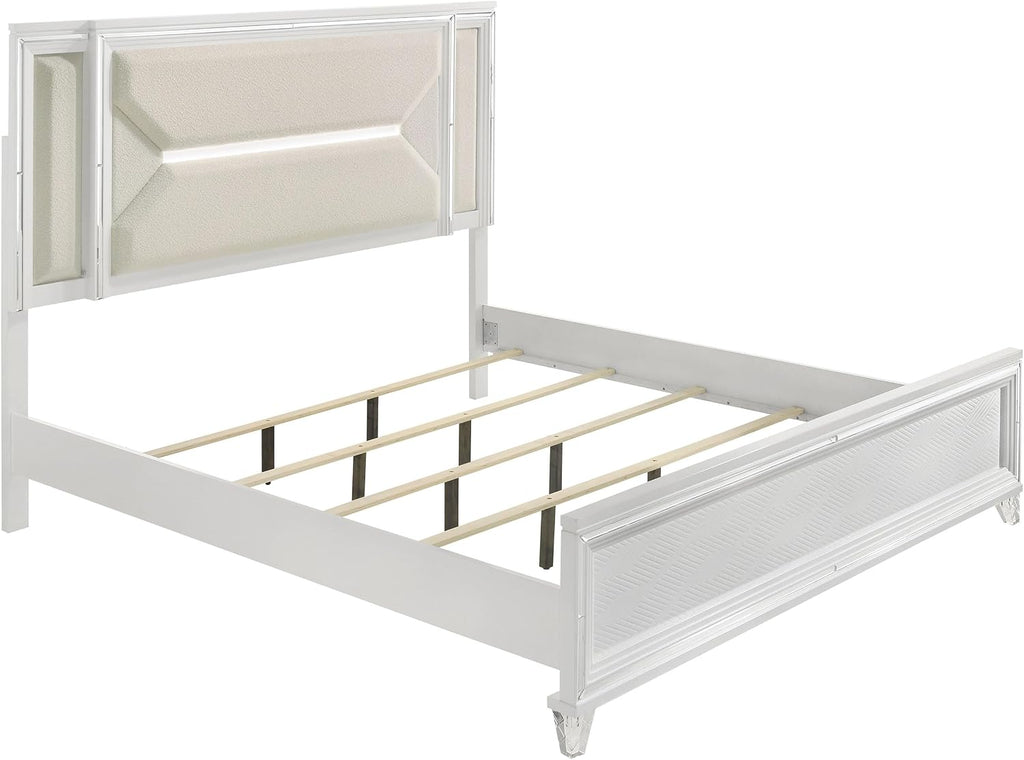 Coaster Home Furnishings Marmore Contemporary 4-Piece Bedroom Set Boucle Upholstered Queen Size LED Panel Bed Frame 64-inch Headboard White 224961Q-S4