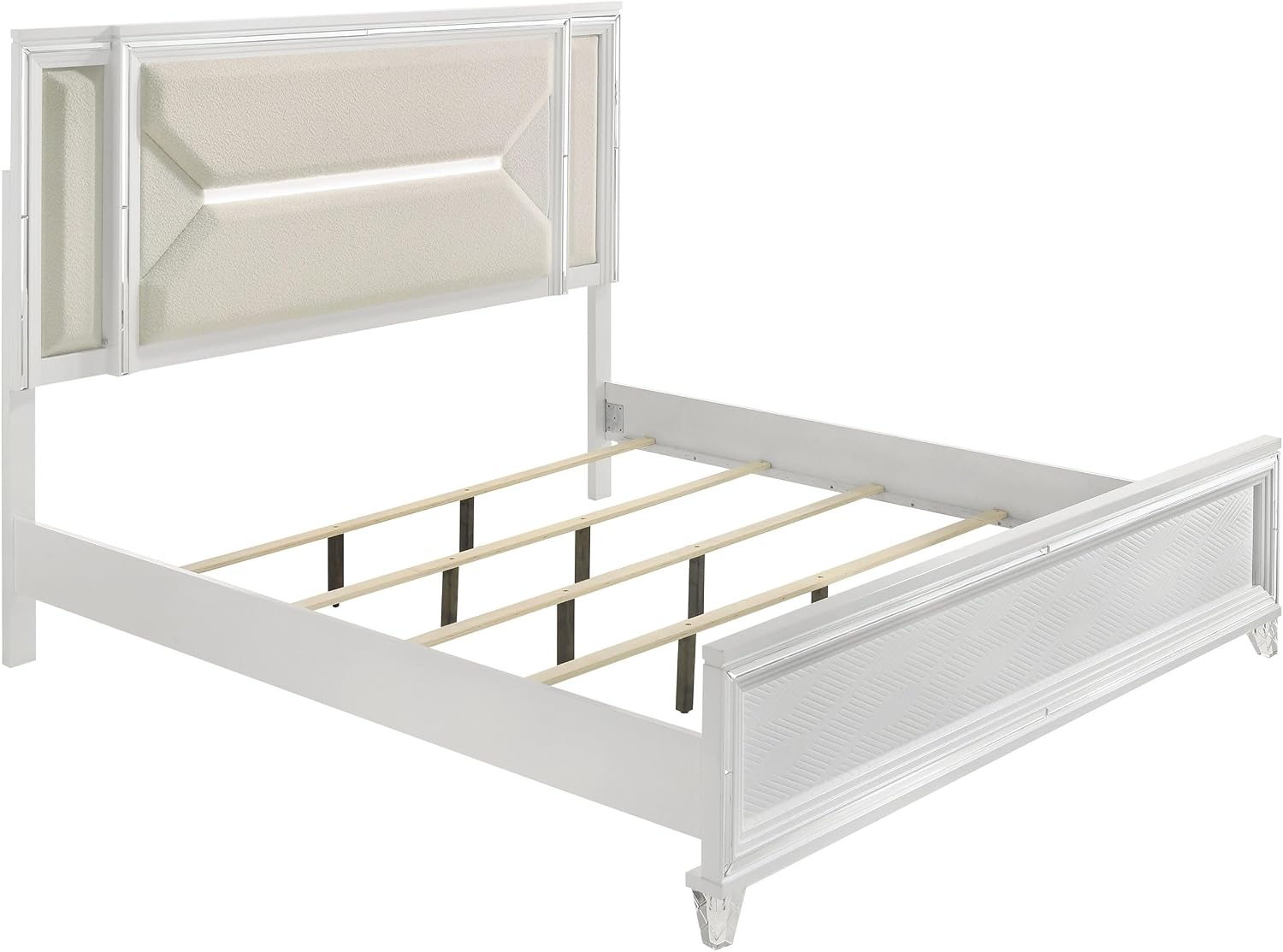 Coaster Home Furnishings Marmore Contemporary 4-Piece Bedroom Set Boucle Upholstered Queen Size LED Panel Bed Frame 64-inch Headboard White 224961Q-S4