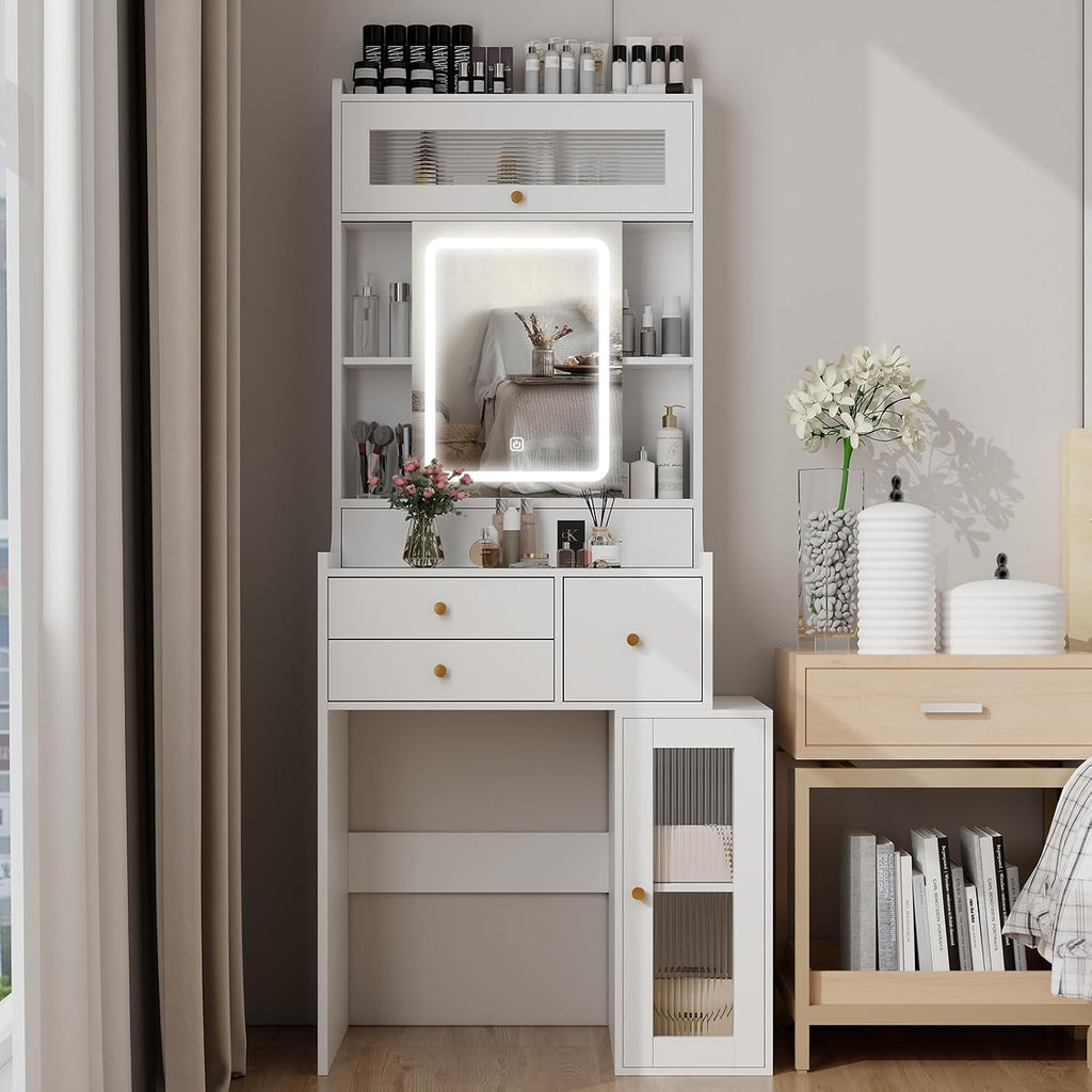 ARTETHYS Small Vanity Desk with Sliding Mirror and Lights White Makeup Vanities Set with Drawers Compact Dressing Table with Cabinet and Adjustable Shelves for Bedroom