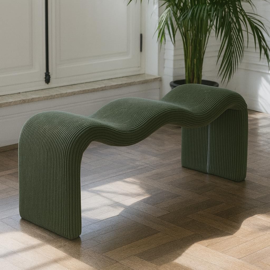 Meridian Furniture 22097Green Willow Collection Modern | Contemporary Bench with Soft Green Microsuede Corduroy Fabric, Iron Metal Inner Frame, 56.5' W x 18' D x 19' H, Green
