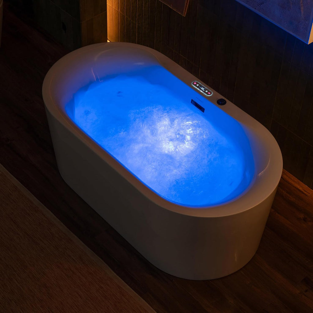 WOODBRIDGE 59' x 31-1/2' Whirlpool and Air Bath Heated Soaking Combination Tub with Adjustable Speed Air Blower and Display Control Panel, Matte Black Finish Trim and Drain Kit, BM100
