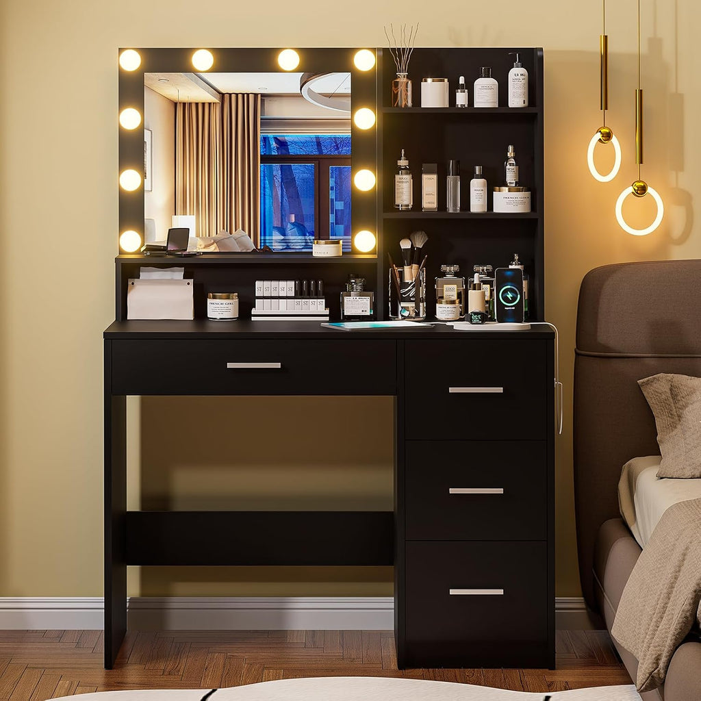 Vanity Desk with Lighted Mirror, Black Vanity with 4 Drawers,Makeup Vanity with Storage Shelves and Power Outlet,10 Lights with 3 Color Modes Brightness Adjustable for Girls' Bedroom (Black)