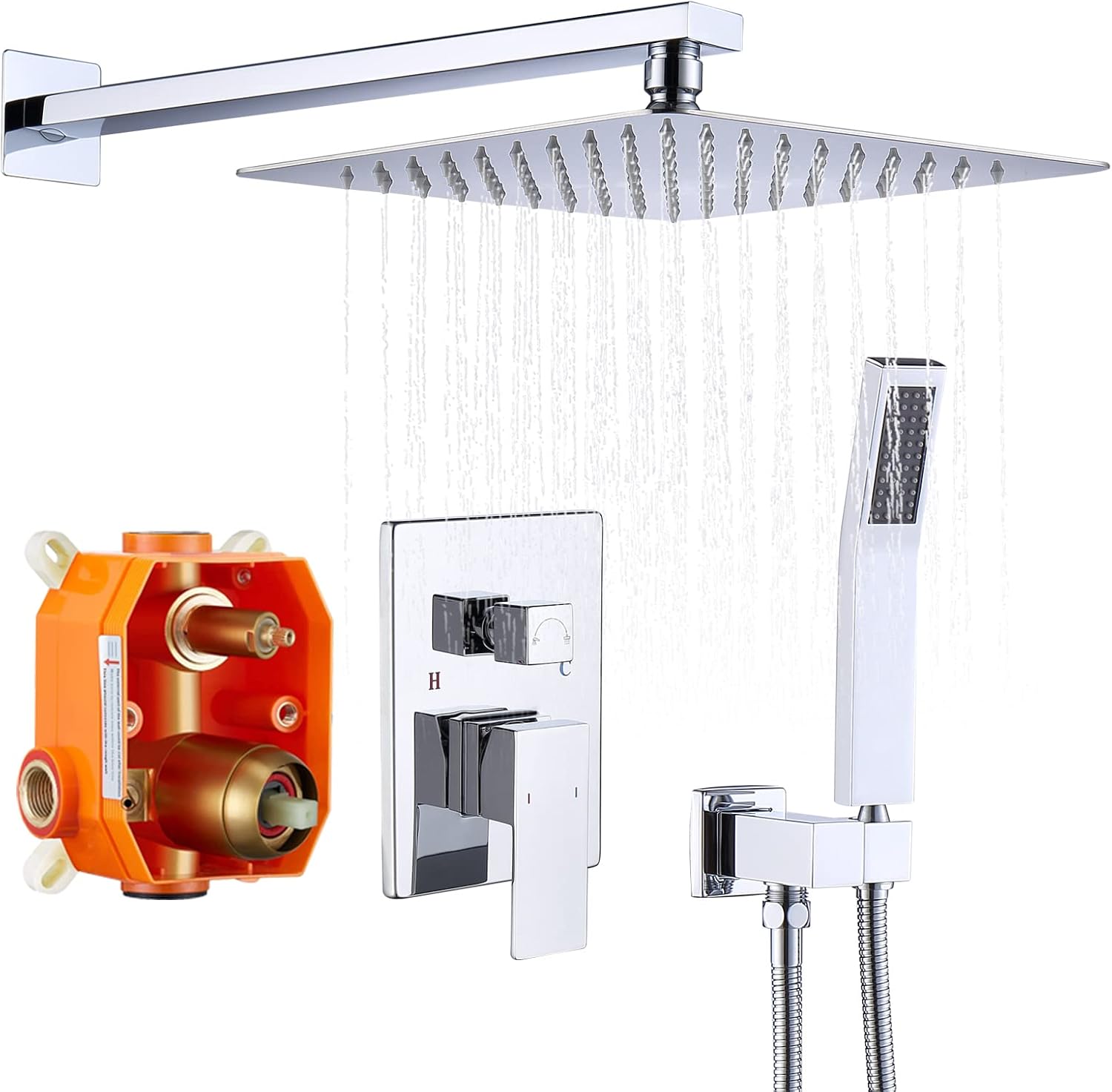 Shower System Shower Faucet Set with 10' Square Rainfall Shower Head and handheld shower faucet with Brass Valve Rough-In (Silver)