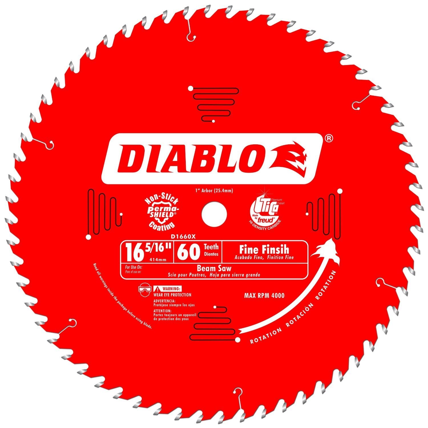 Diablo Fine Finish Saw Blade for Wood - 16-5/16' Diameter, 60 ATB Teeth, 1' Arbor, .114' Kerf, 22° Hook Angle, .079' Plate, 4000 Max RPM - D1660X