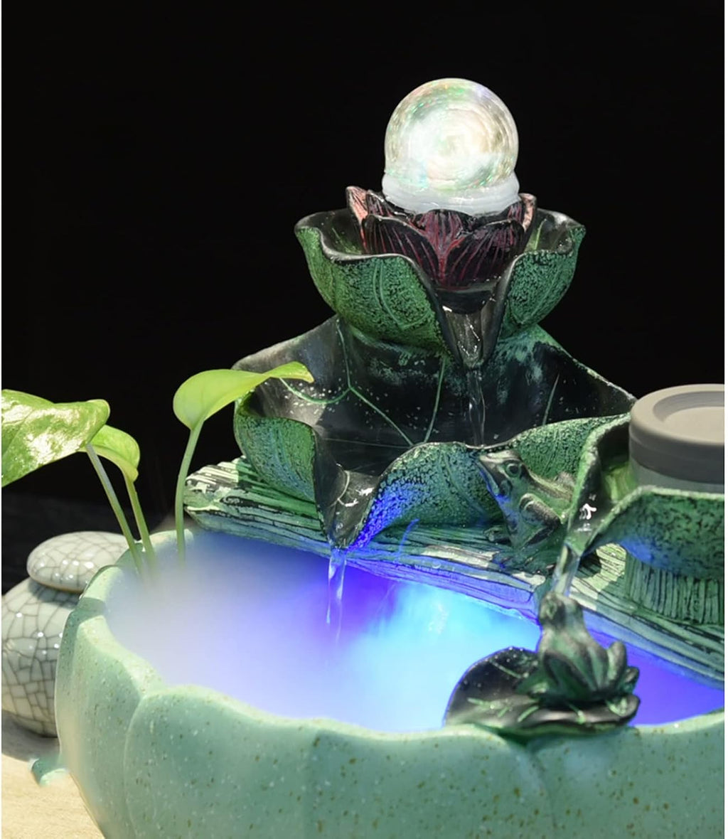 Desktop Fountain Tabletop Water Fountain with Rotating Ball and Pump Lotus Flower Leaf Cascading Waterfall Design Indoor for Office Home Décor, Green(Large)