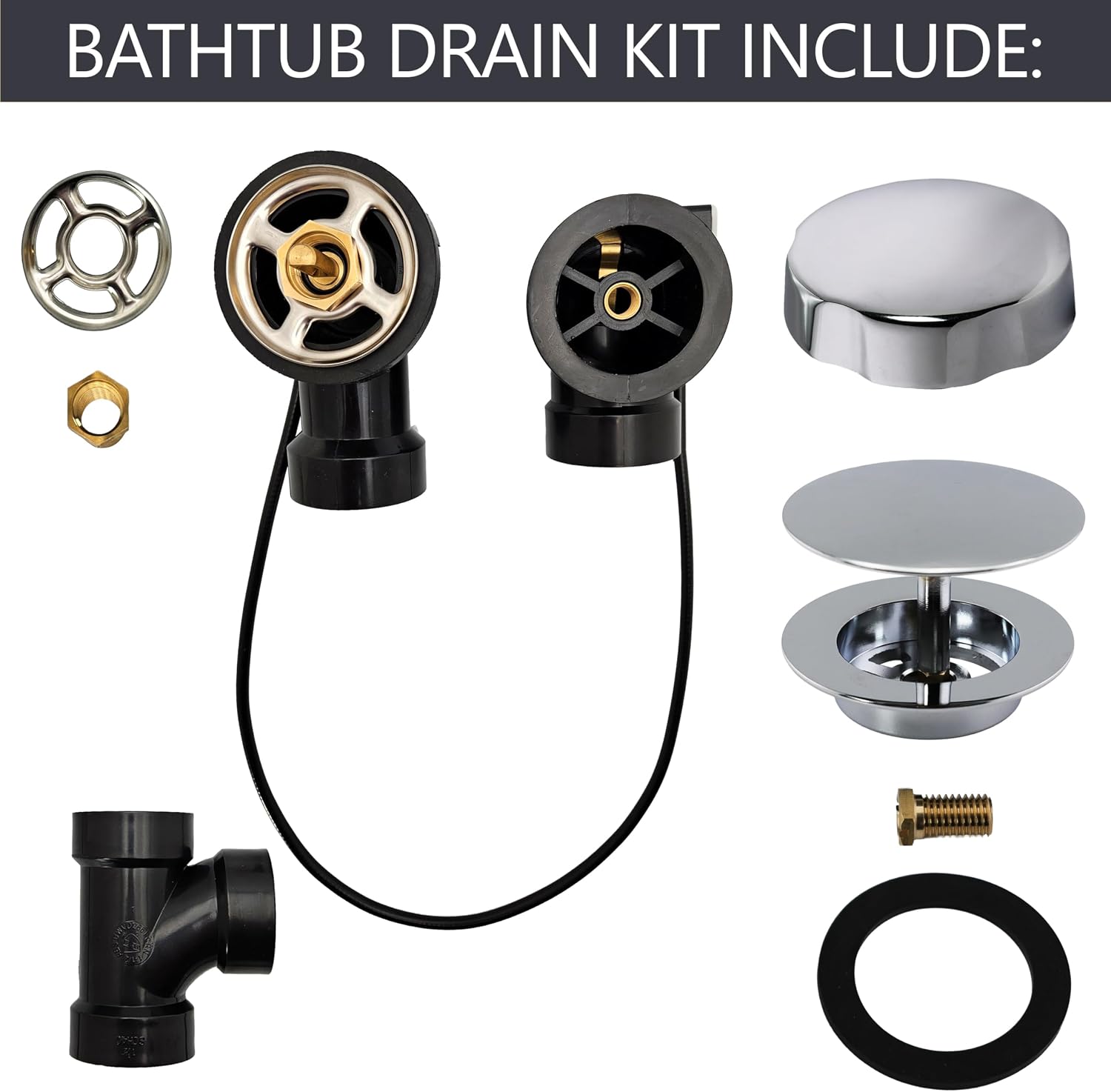 Westbrass D50A27-26 27' Cable Drive Standard Bath Drain Trim Kit with Rotary Overflow Cover Knob, Pop-Up Stopper and Sch. 40 ABS Fittings, Polished Chrome (4-Pack)