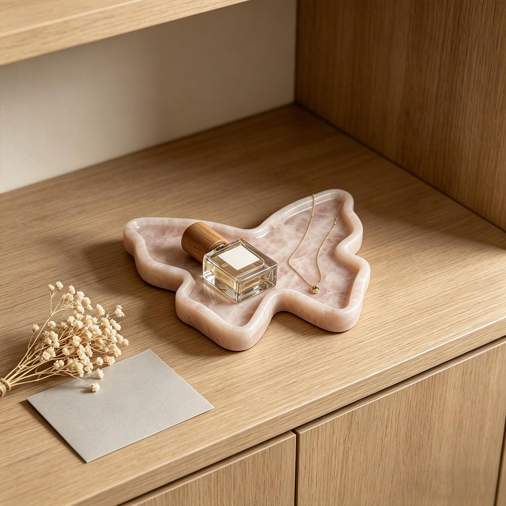 Natural Marble Tray Butterfly Shape Vanity Trays, Jewelry Trays Holder Dish for Bathroom Countertop Home Decor Gift L Pink