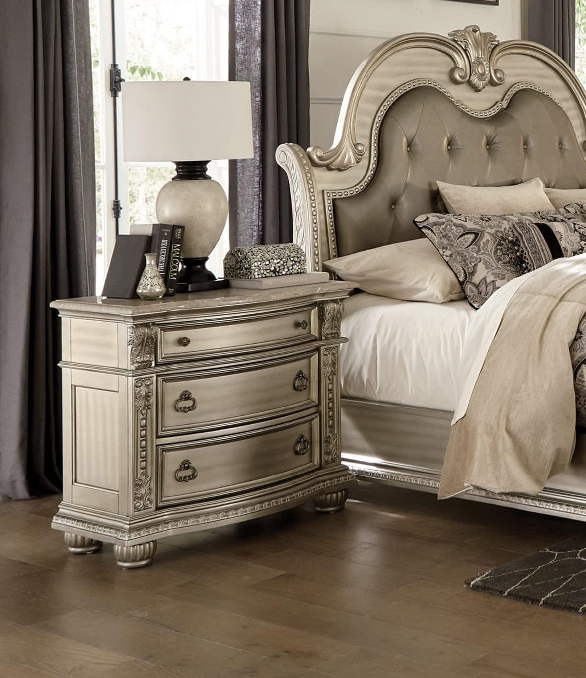 Traditional Classic 4 Pieces California King Size Set Silver Finish Faux Leather Upholstered Bed Classic Design Marble Top Formal Bedroom Furniture