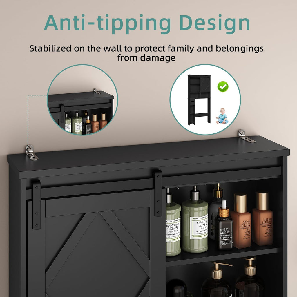 Over the Toilet Storage Cabinet with Farmhouse Sliding Barn Door, Above Toilet Organizer with Toilet Paper Holder Stand, Behind Toilet Shelf, Space Saver for Restroom, Bathroom, Laundry, Black
