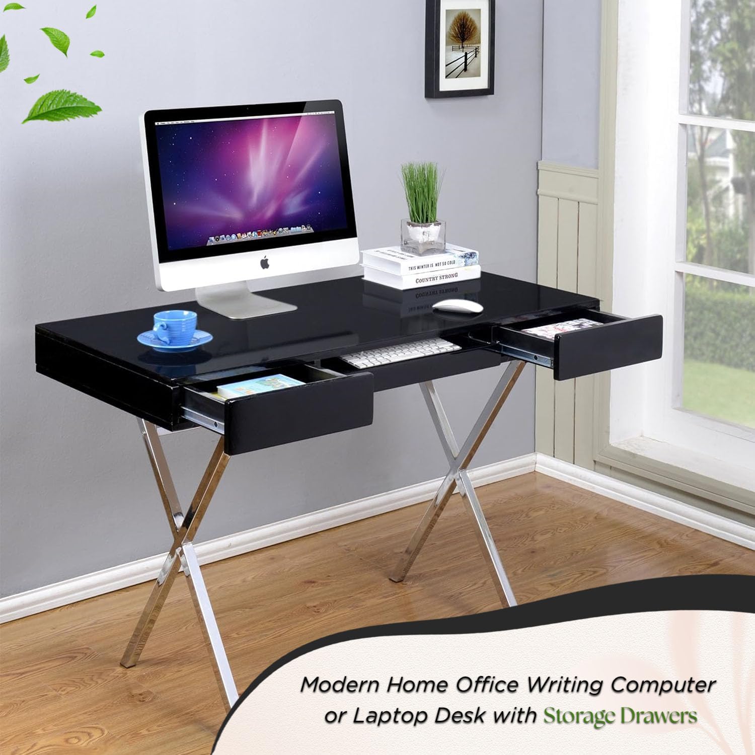 Kings Brand Furniture Contemporary Style Home & Office Desk, Black/Chrome