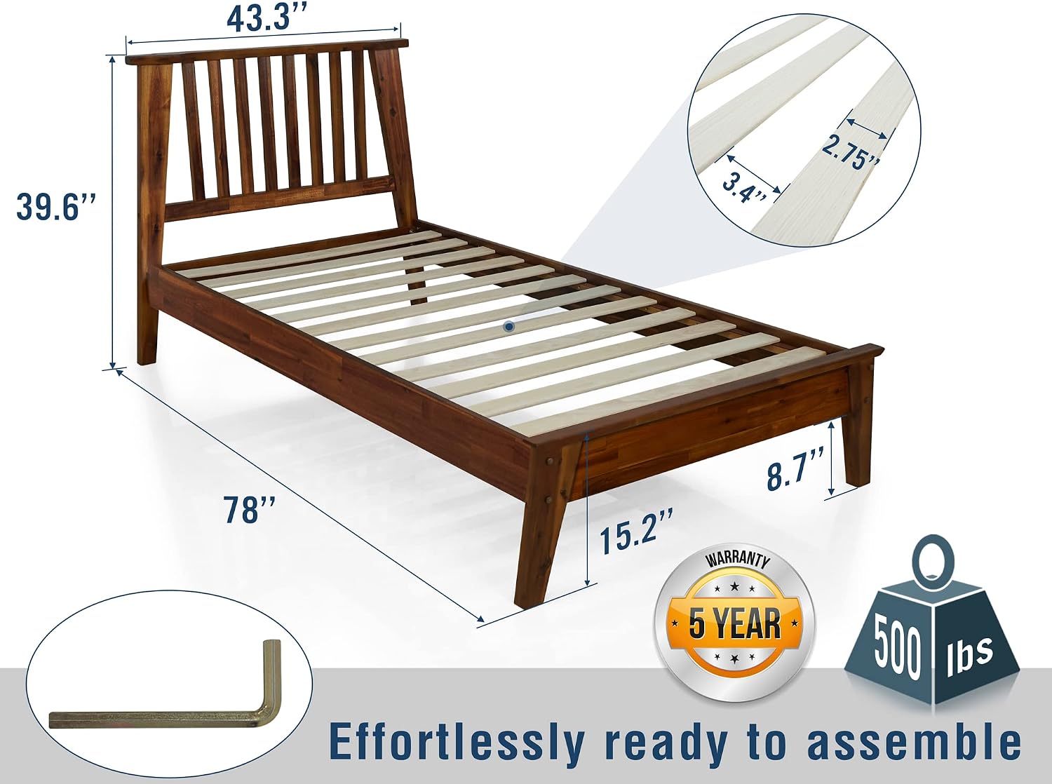 A ACACIA FURNITURE Kaylin Wooden Bed Frame with Headboard, Solid Wood Platform Bed with Wood Slat Support, No Box Spring Needed, Twin, Chocolate, 14 Inch, V1